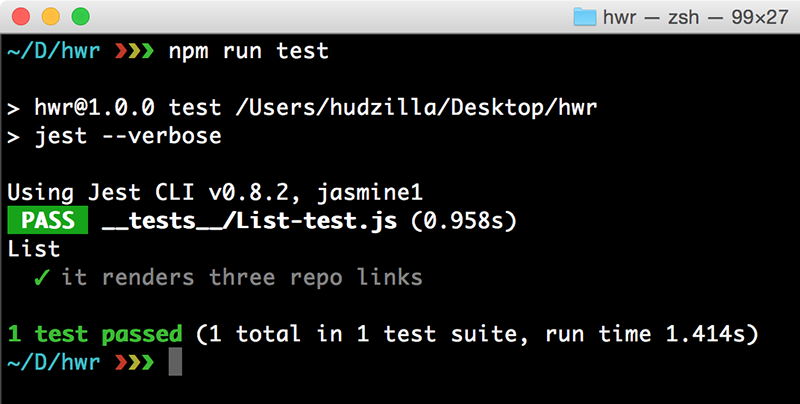 We're using Jest with the --verbose option, which provides more detailed feedback on each test it runs.